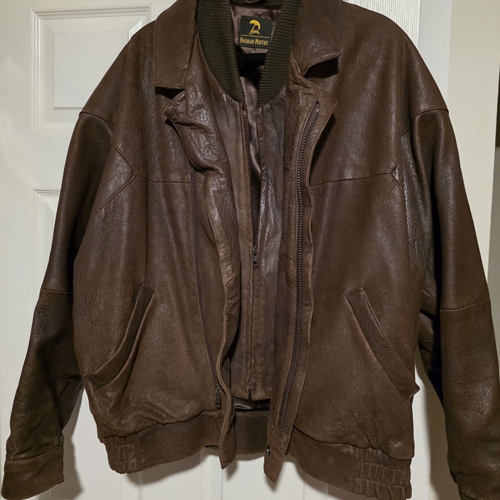 Neiman Marcus Men's Dark Brown Leather Bomber Jacket